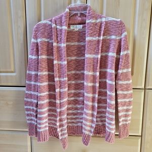 Pink Rose Cardigan Sweater Pink White Stripes Sz Small